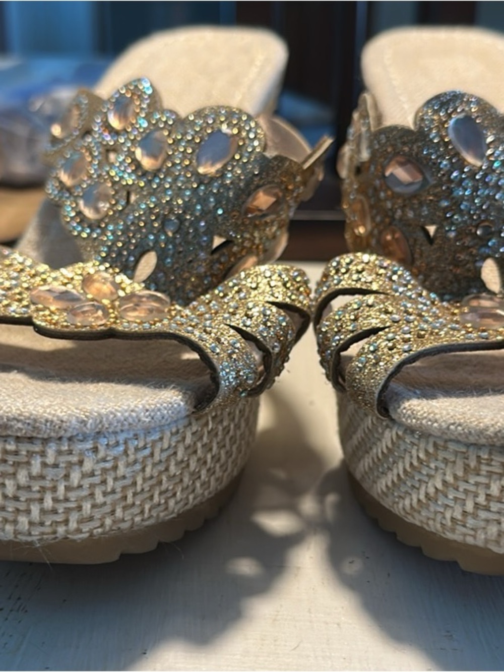 Gold Jeweled Platform Sandals - Women's Sparkle Wedge Slides
